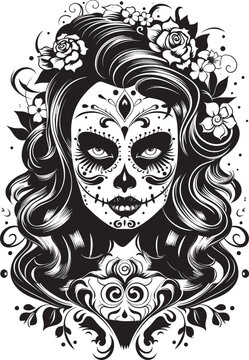 Vector illustration featuring a girl adorned in sugar skull face paint and blooming flowers.