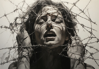 Dark face wrapped in gray gauze or wire mesh. Prison of thoughts. Freedom of expression concept. AI generative