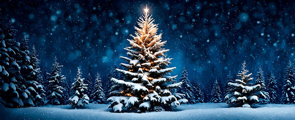 A Christmas tree on the outdoors agains dark blue background. Christmas banner.