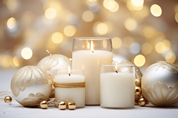 White baubles with gold decorations. Christmas decorations. Christmas balls.