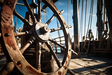 A helm, old-timey steering wheel of a ship close-up