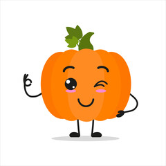 Cute happy pumpkin character. Funny smiling and wink vegetable cartoon emoticon in flat style. closet vector illustration