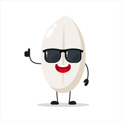 Cute happy rice character wear sunglasses. Funny food greet friend cartoon emoticon in flat style. closet vector illustration