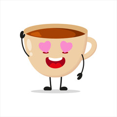 Cute happy cup of coffee character. Funny fall in love drink cartoon emoticon in flat style. closet vector illustration