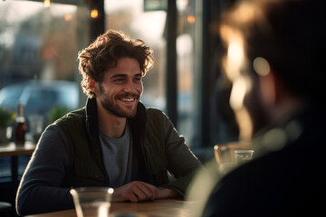 A man sitting in a cafe with his friends, smiling and enjoying the moment - obrazy, fototapety, plakaty