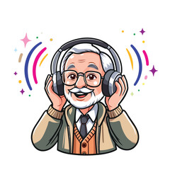 A cheerful grandfather listens to music in headphones, a vector pattern on a transparent background.