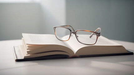 An open book lies on a table with glasses on top of it. AI Generated