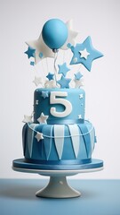 Birthday white, blue cake for a little girl, boy with number five. Fifth birthday. Lots of stars, decorations. On blue table background. Great greeting card, celebration invitation design