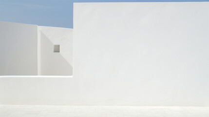 Fond d'un mur blanc en extérieur, vue du ciel, texture plâtre. Ambiance claire. Arrière-plan pour conception et création graphique.