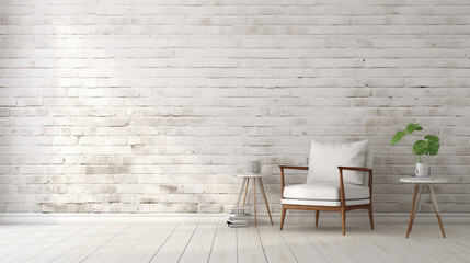 Fond d'un mur blanc en intérieur, texture plâtre, briques. Fauteuil. Ambiance claire. Arrière-plan pour conception et création graphique.