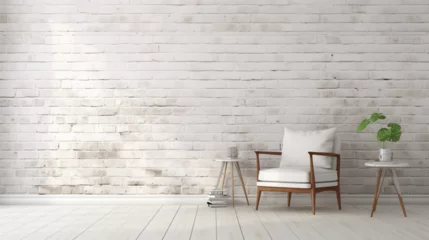 Foto op Canvas Fond d'un mur blanc en intérieur, texture plâtre, briques. Fauteuil. Ambiance claire. Arrière-plan pour conception et création graphique. © FlyStun