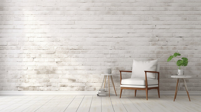 Fototapeta Fond d'un mur blanc en intérieur, texture plâtre, briques. Fauteuil. Ambiance claire. Arrière-plan pour conception et création graphique.
