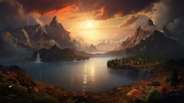 Beautiful scenery of mountains and rivers at sunrise. Cartoon or anime watercolor painting illustration style. seamless looping virtual time-lapse video animation background. Generated with AI