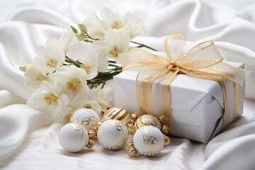 Fototapeta na wymiar White baubles with gold decorations. Christmas decorations. Christmas balls.