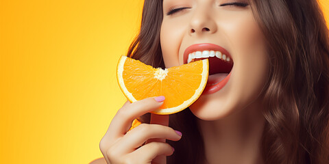 Woman smiling mouth with orange fruit, created by generative AI technology