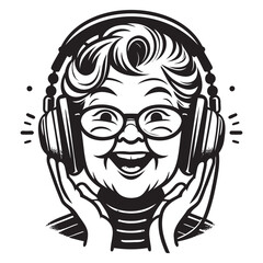A cheerful grandmother listens to music in headphones, vector pattern on a transparent background.