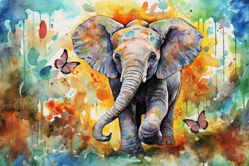 Vibrant Watercolor Animal Drawing: Colorful Wildlife on a Painted Canvas