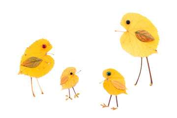 a group of birds made out of leaves, flat lay