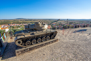 battle tank on display in the Portuguese village of Penha Garcia in honor of the soldiers and...