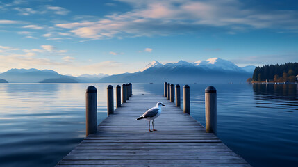 Obraz premium A wooden pier with a boat in the background, a bird flying