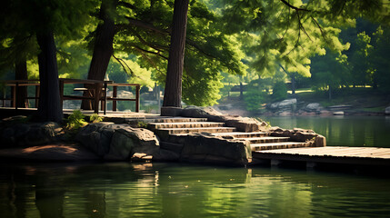 Fototapeta premium Water in a park with tall rocks and trees