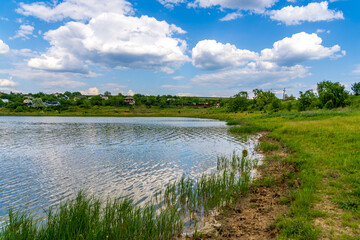 Lake or pond. Background with selective focus and copy space