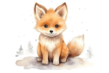 Charming watercolor red fox in winter forest with snowflakes. Illustration isolated on a white background. For greeting cards, congratulations, prints, scrapbooking, books, covers