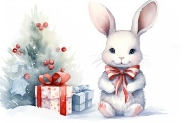 Cute watercolor Christmas rabbit or bunny with gift boxes and decorated Christmas trees. Illustration isolated on white background. For greeting card, congratulations, print, scrapbooking, book, cover