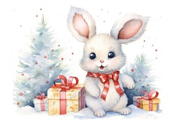 Cute watercolor Christmas rabbit or bunny with gift boxes and decorated Christmas trees. Illustration isolated on white background. For greeting card, congratulations, print, scrapbooking, book, cover