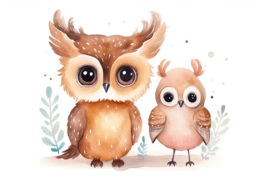 Cute watercolor birds, owl and eagle owl in cartoon style, pastel colors. Illustration isolated on a white background. Design elements for print, card, greeting card, scrapbooking