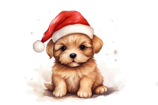 Cute watercolor Christmas puppy in a Santa Claus hat. Xmas dog. Illustration isolated on white background. Festive New Year atmosphere. For greeting cards, congratulations, prints, scrapbooking