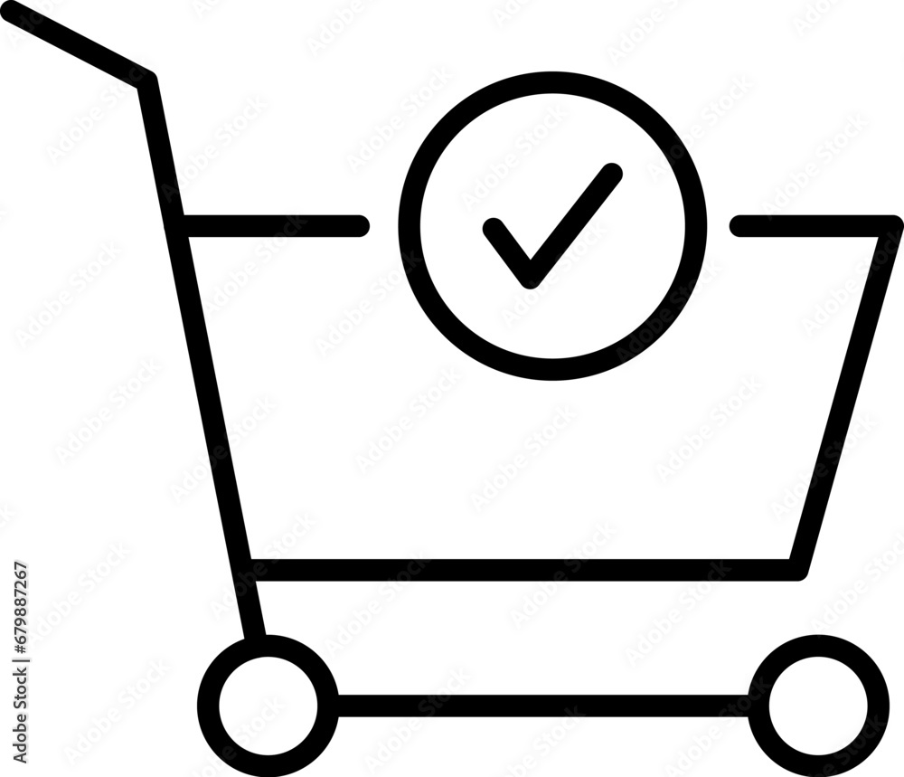 Poster shopping cart by checkmark simple outline sign for adverts. suitable for books, stores, shops. edita