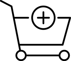 Shopping Cart by Plus Vector Line Symbol. Suitable for books, stores, shops. Editable stroke in minimalistic outline style. Symbol for design