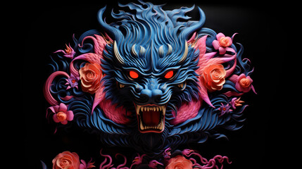 Vibrant-colored Asian dragon on black background