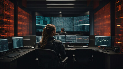 Vigilant cybersecurity professional guarding a digital fortress, surrounded by walls of code and firewalls, defending against cyber threats and breaches. Cybersecurity concept background. Copy space. - obrazy, fototapety, plakaty