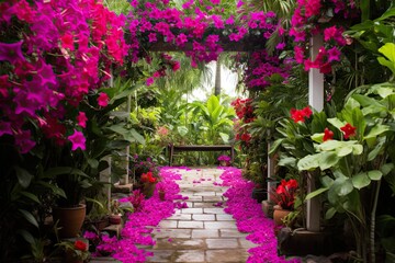 Fuchsia Delights: Vibrant Tropical Flowers in a Lively Garden Design