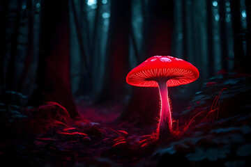 Red glowing mushrooms in a dark forest with twinkling red light. Neon glowing mushrooms. AI Generative. - obrazy, fototapety, plakaty