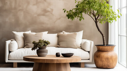 Round accent coffee table near white sofa against stucco wall. Scandinavian home interior design of modern living room in farmhouse, Generative AI
