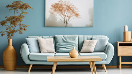  Wood coffee table near cozy sofa against blue wall with poster. Scandinavian home interior design of modern living room, Generative AI