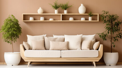 Fototapeta na wymiar Cozy sofa with white and beige cushions and wooden pots with houseplants against beige wall with shelves. Scandinavian home interior design of modern living room in farmhouse, Generative AI
