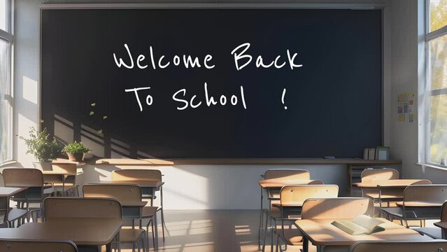"Welcome Back To School" text motion on blackboard in classroom background. Font license is free for commercial use. Cartoon or anime style. seamless looping 4K virtual video animation.