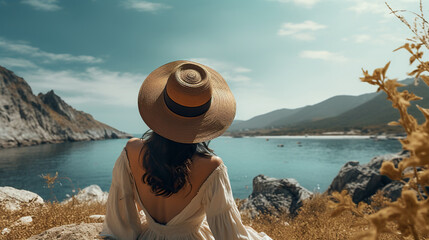back view of woman in summer sun hat standing by sea or ocean water an looking at nature, follow me concept - obrazy, fototapety, plakaty