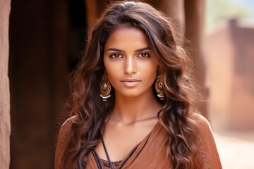An Indian woman model wearing a brown sundress outdoors