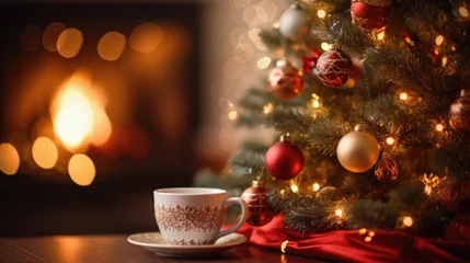 Sierkussen Cup of coffee on the background of the Christmas tree and fireplace. © Synthetica