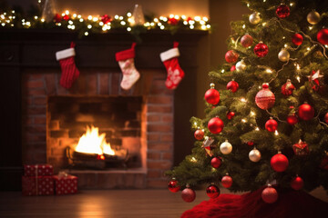 Christmas tree and fireplace in the background. Christmas and New Year concept.