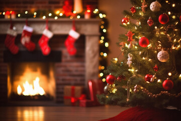 Beautiful Christmas tree in living room with fireplace and presents on background.