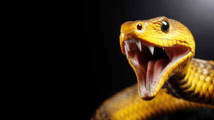 Yellow snake open mouth ready to attack isolated on gray background