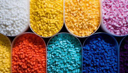 bins of polyethylene plastic pellets in various colors; high density formulation for industrial use