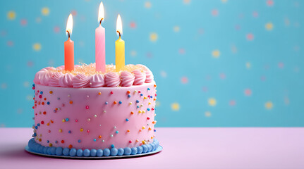 Pink cake with three birthday candles
