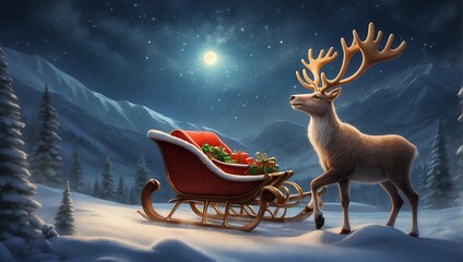 A magical scene of a reindeer resting under a starry sky with a sleigh full of presents nearby. Generative AI